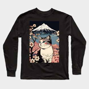 Japanese Cat Cherry Blossom Mount Fuji Long Sleeve T-Shirt